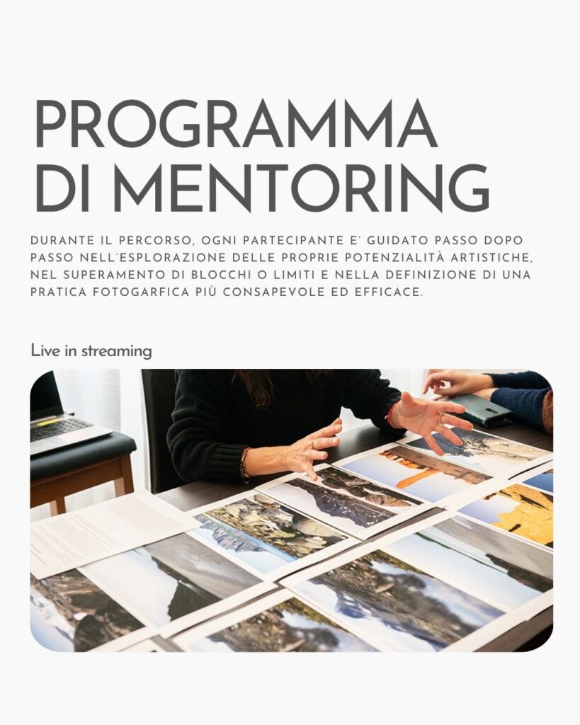 Locandina del programma di mentoring di fotografia live in streaming.