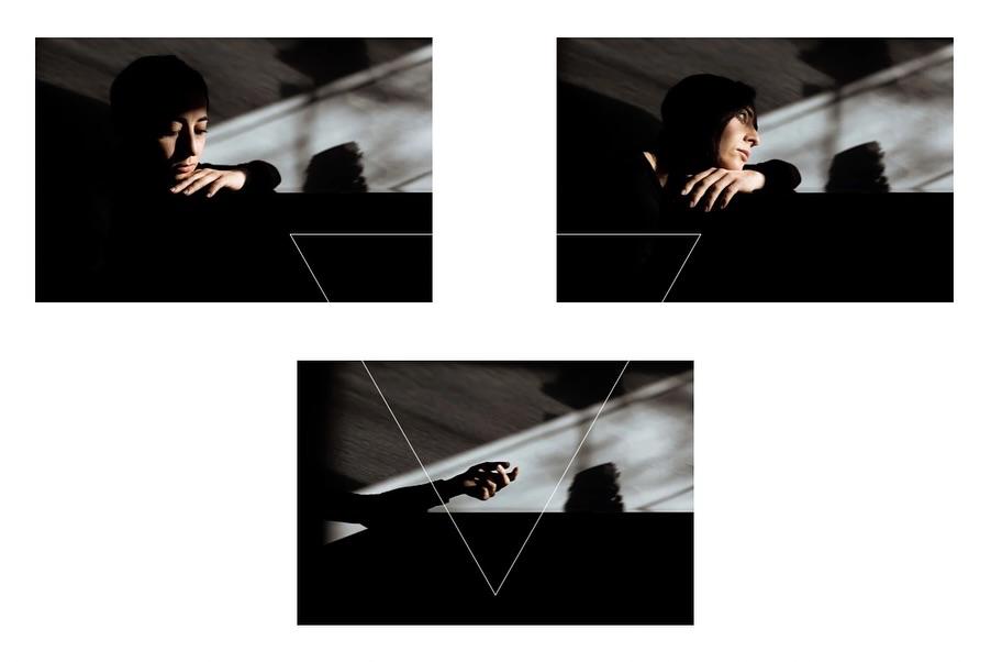 Composizione di tre autoritratti fotografici con contrasti di luce, ombre e linee geometriche per un percorso di fototerapia.