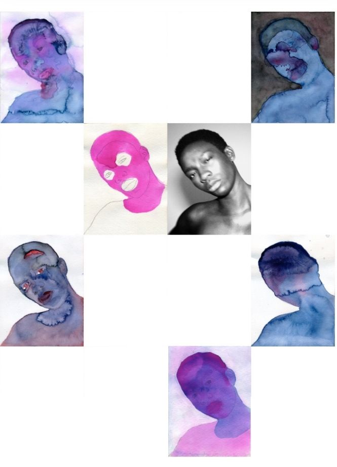 Portfolio di studi di ritratto artistico: serie di opere dello studente che esplorano il volto umano attraverso tecniche miste, acquerello e fotografia in bianco e nero.