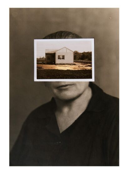 Opera di collage fotografico concettuale realizzata da Michela Taeggi per il corso online di fotografia e mixed media, raffigurante un ritratto vintage con una casa sovrapposta al volto