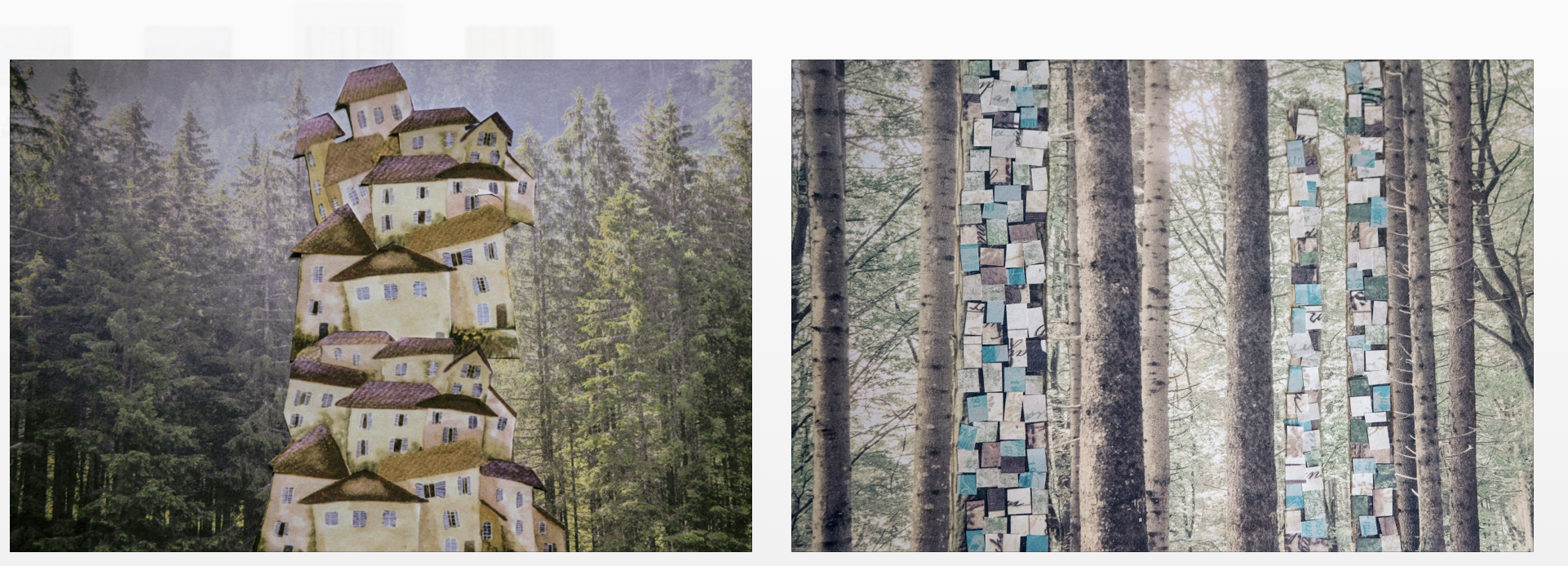 Opere d'arte concettuali e collage fotografici di Silvia Albrici in Val Masino, Valtellina, che mostrano case impilate come una torre in una foresta e tronchi d'albero ricoperti di tessere colorate.